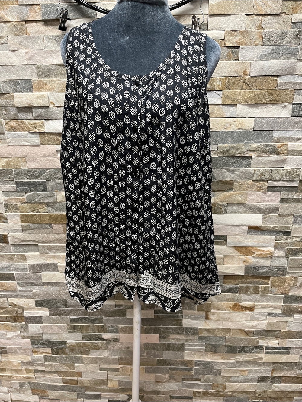 Faded Glory Black Tank with White Paisley Print
